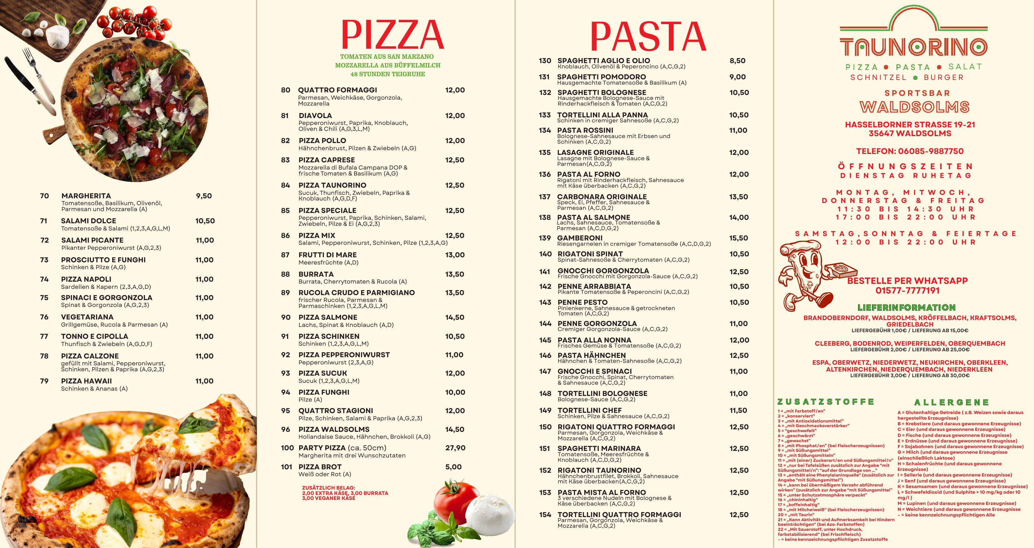 Taunorino Speisekarte Seite 1 mit Pizza, Pasta, Lieferinformation und Öffnungszeiten