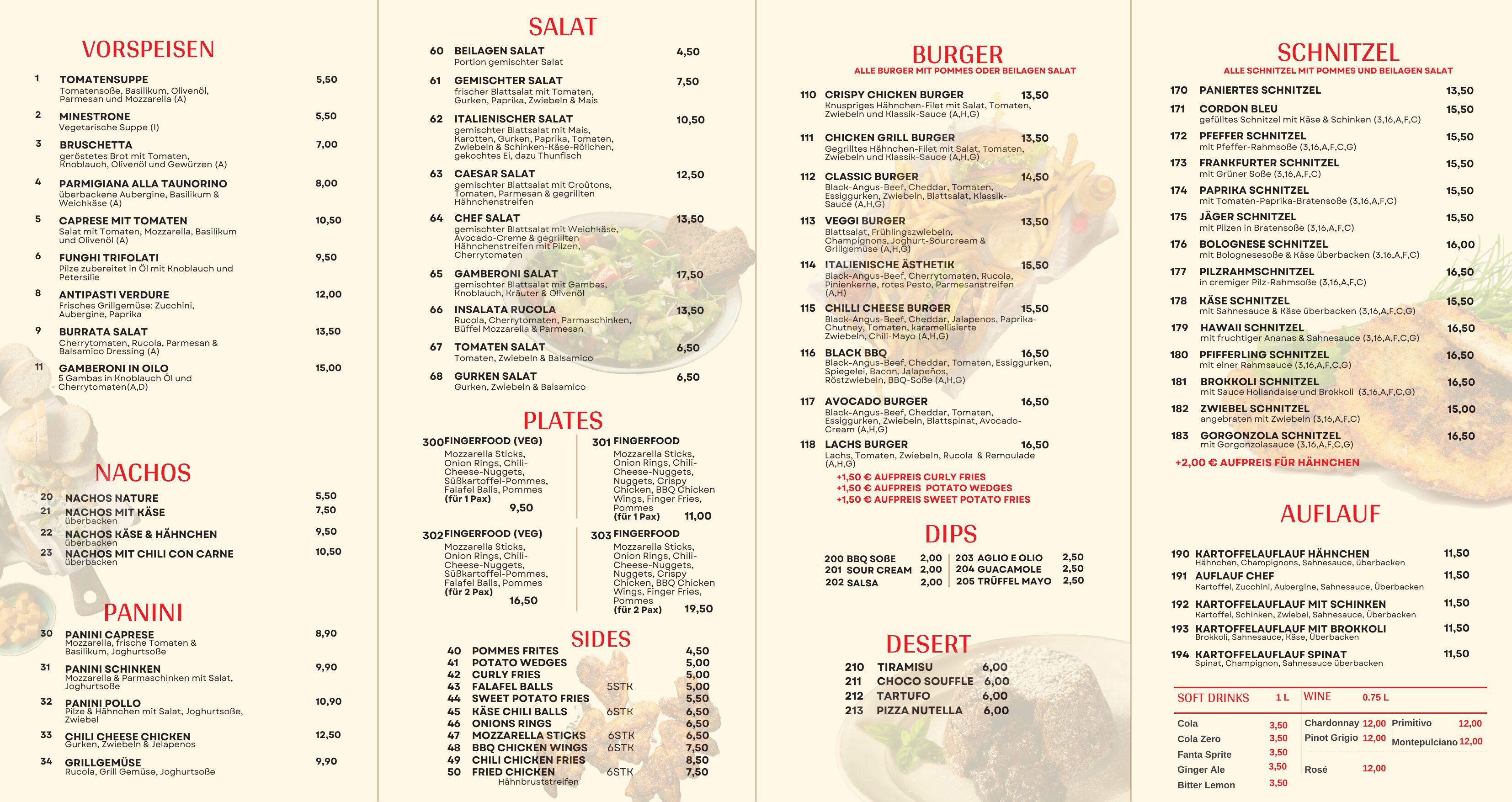 Taunorino Speisekarte Seite 2 mit Vorspeisen, Salat, Burger, Schnitzel, Auflauf und Getränke